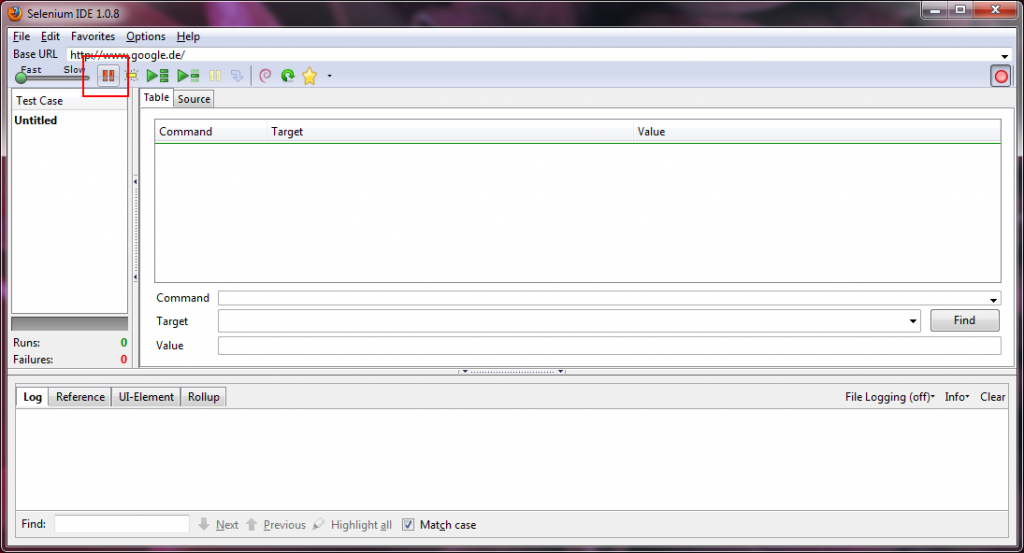 The pause on fail tool button added to Selenium IDE